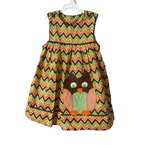 Chevron Owl Jumper Dress Size 2T Lime, Orange, Brown ! Cute! - Picture 1 of 6